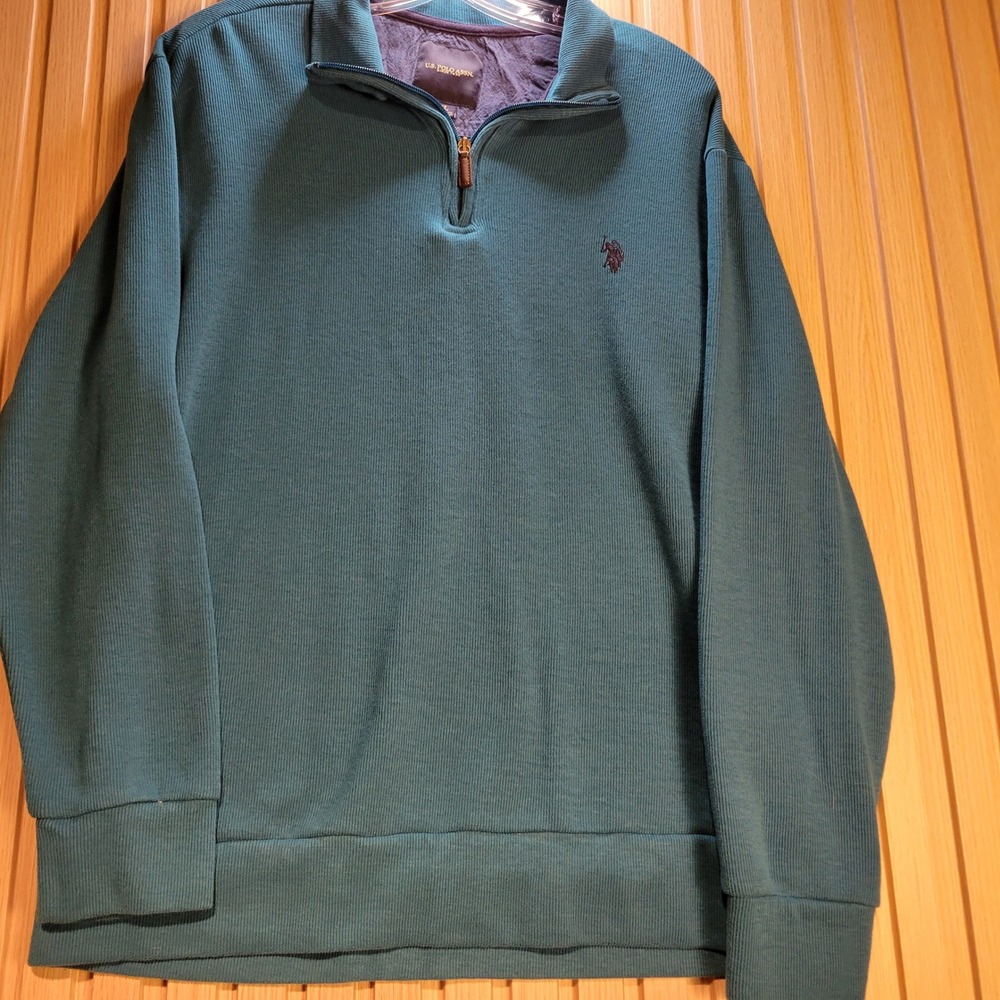 US Polo Assn Mens Quarter Zip Pullover Sweater Teal Blue Ribbed Knit XL